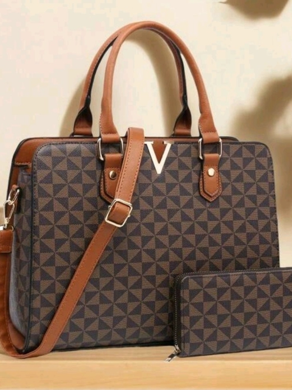 Brown Geometric Satchel with Tan Trim